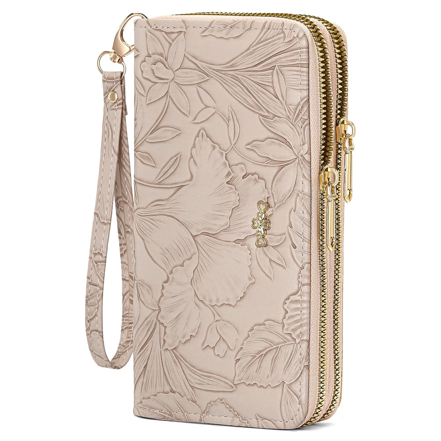 RNIEGA Cartera para mujer con doble cremallera alrededor del titular de la tarjeta de crédito, cartera de cuero para mujer, gran capacidad