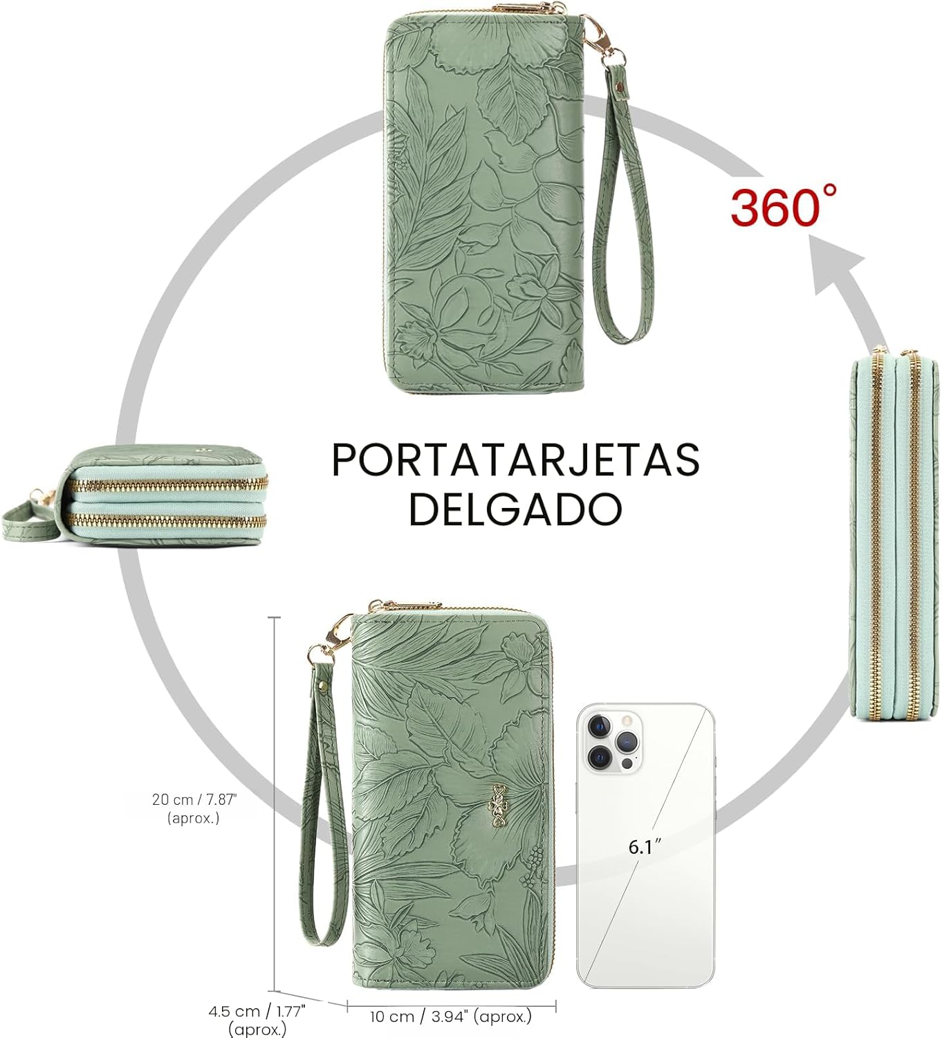 RNIEGA Cartera para mujer con doble cremallera alrededor del titular de la tarjeta de crédito, cartera de cuero para mujer, gran capacidad