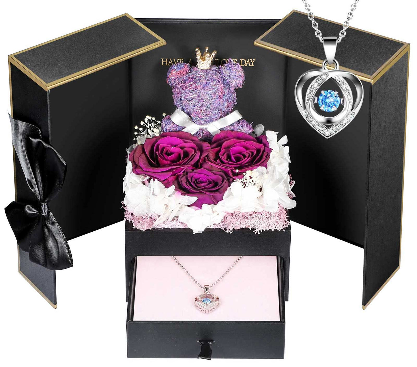 ADDWel Preserved Real Roses with I Love You in 100 Languages Mom Necklace Set, Unique Mothers Day Set for Mom from Son and Daughter, Birthday Gift Box for Mama Mother
