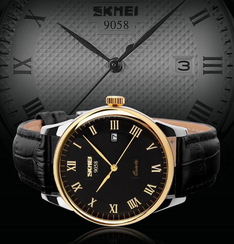 SKMEI Relojes de pulsera para hombre de negocios, con números romanos, correa de cuero, cuarzo, casual, resistente al agua, analógico