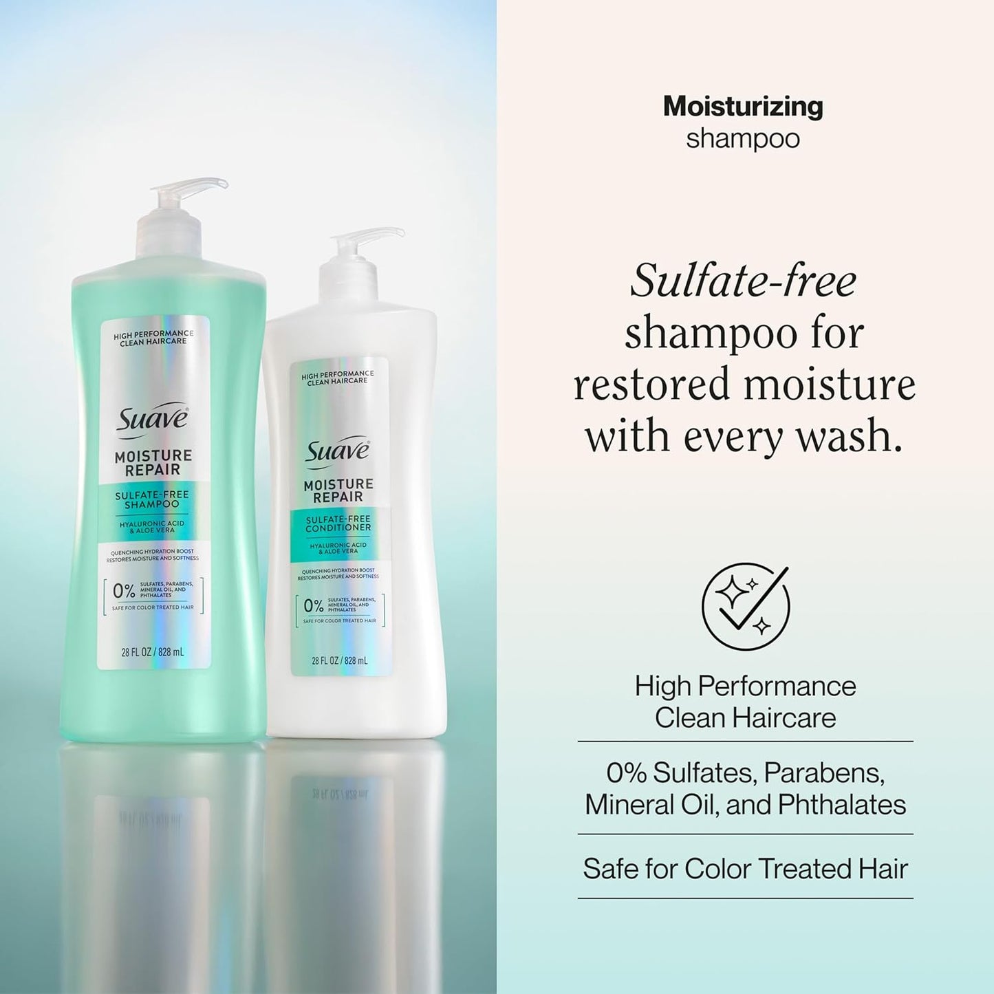 Suave Moisture Repair Sulfate-Free Shampoo with Hyaluronic Acid & Aloe Vera, Hydrates & Restores Dry, Damaged Hair, 4 Count, 28 FL OZ