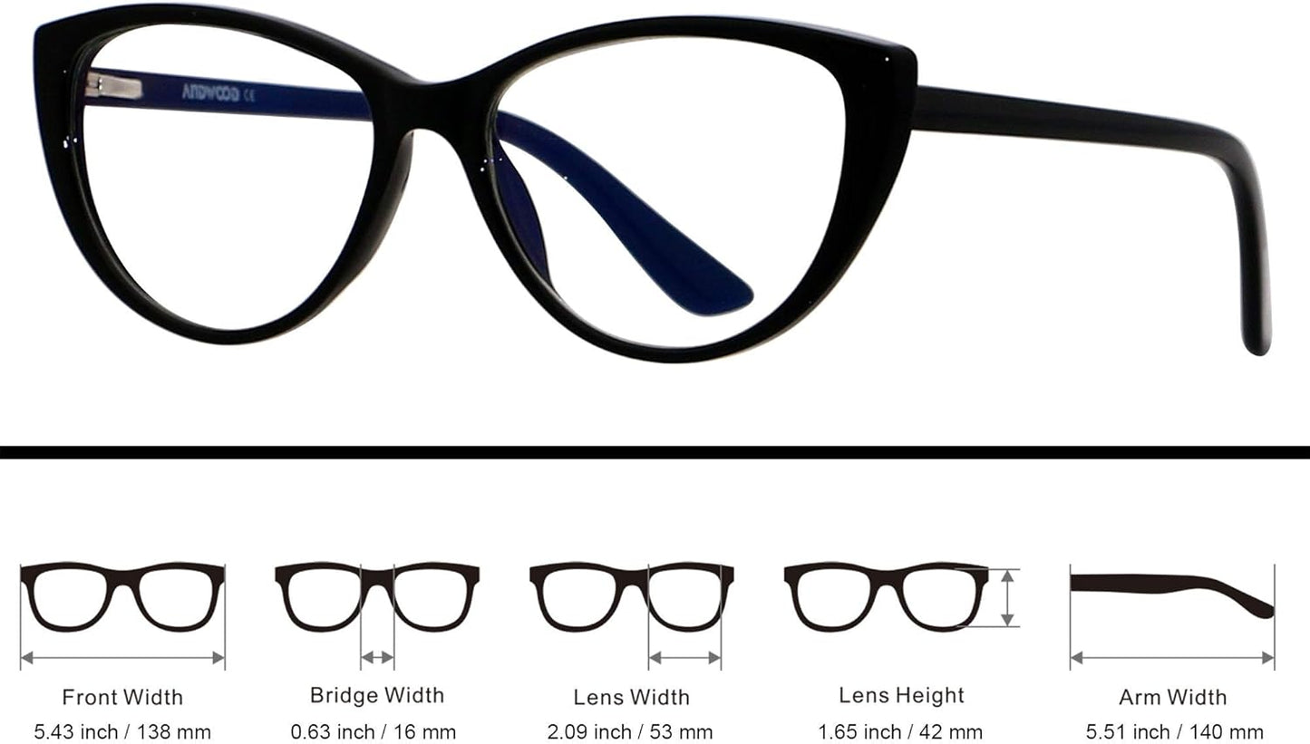 ANDWOOD Gafas de bloqueo de luz azul para mujer, bloqueo de luz azul, para computadora, ojo de gato, transparente, montura AR003