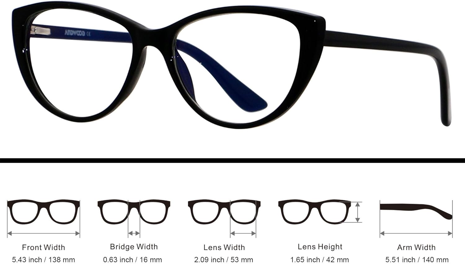 ANDWOOD Gafas de bloqueo de luz azul para mujer, bloqueo de luz azul, para computadora, ojo de gato, transparente, montura AR003