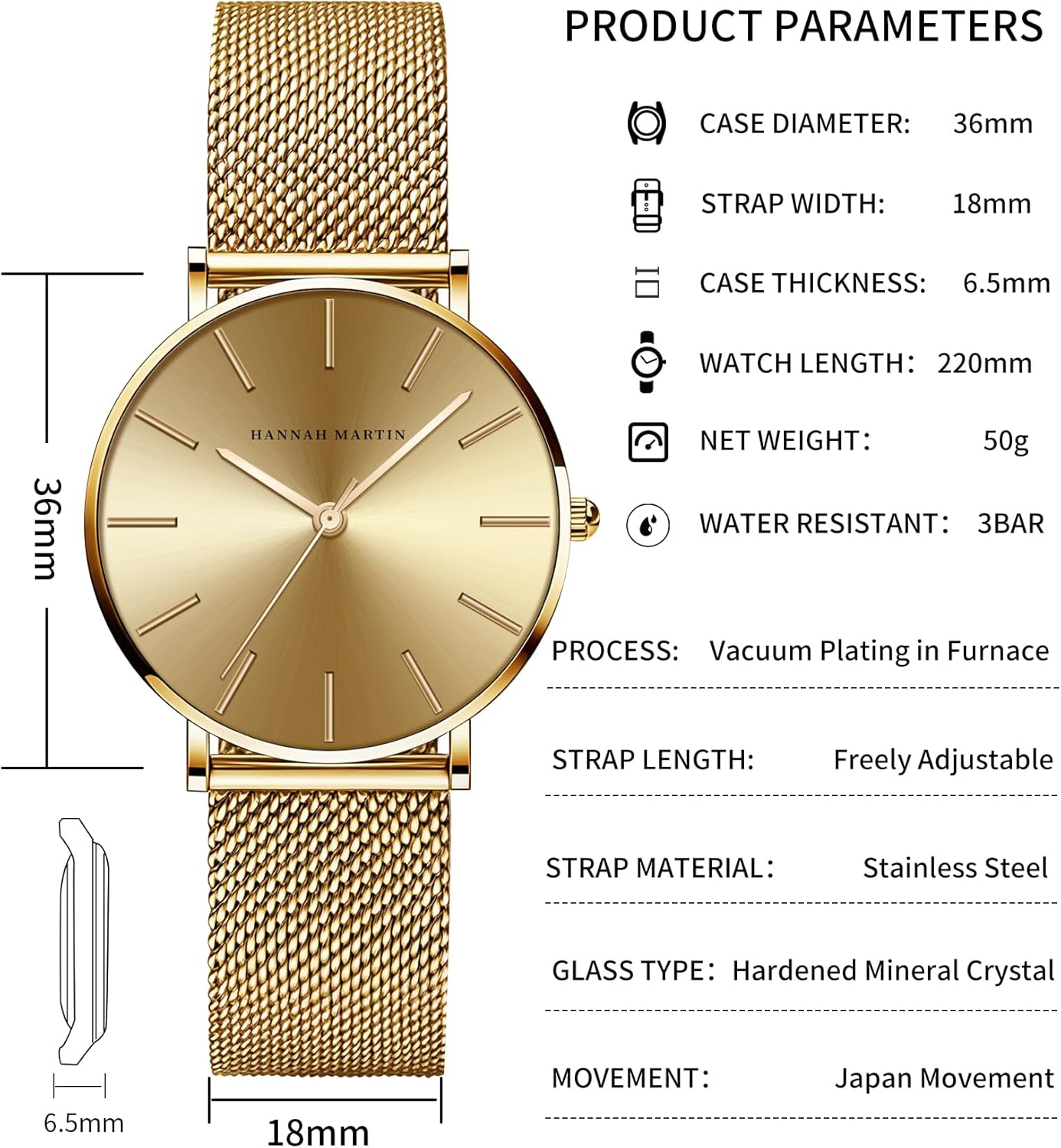 HANNAH MARTIN Watches for Women Analog Women's Watch with Stainless Steel Expansion Band Minimalist Slim Dial 30M Waterproof Ladies Dress Wristwatch for Casual Daily Business