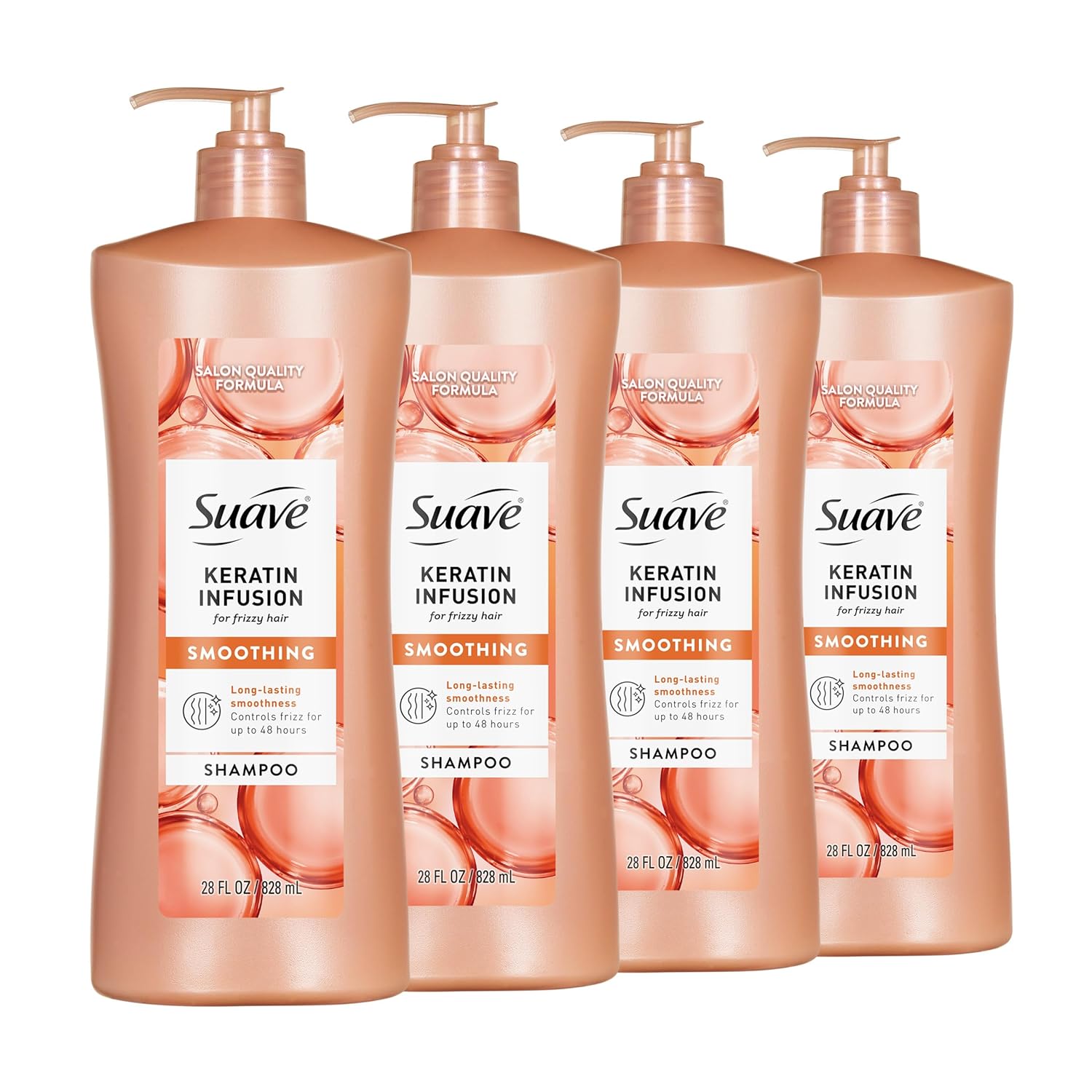 Suave Champú alisador de infusión de queratina para cabello encrespado, antihumedad + control de encrespamiento 48 horas, suaviza y desenreda para un fácil peinado, bomba de 28 onzas líquidas, 4 unidades