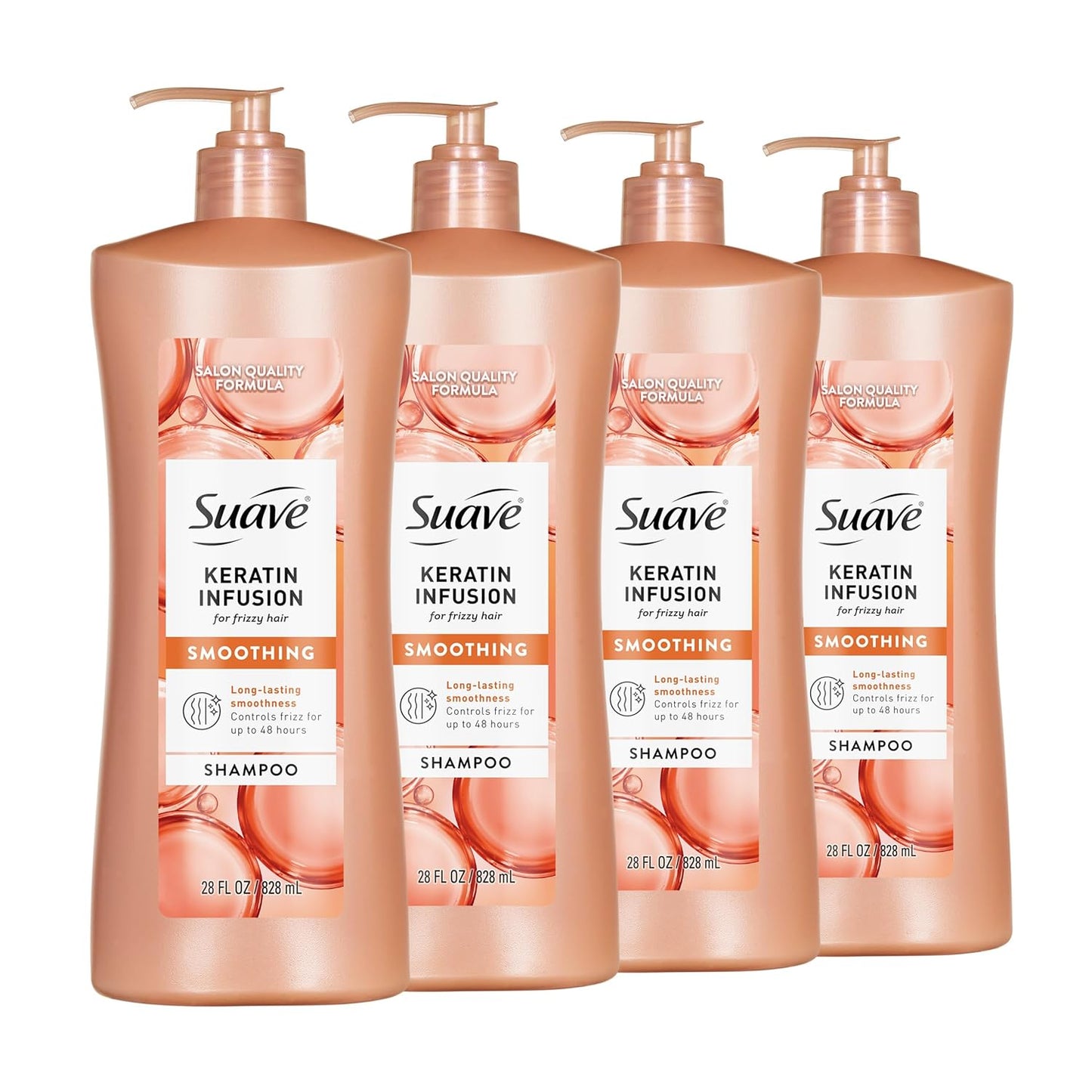 Suave Champú alisador de infusión de queratina para cabello encrespado, antihumedad + control de encrespamiento 48 horas, suaviza y desenreda para un fácil peinado, bomba de 28 onzas líquidas, 4 unidades