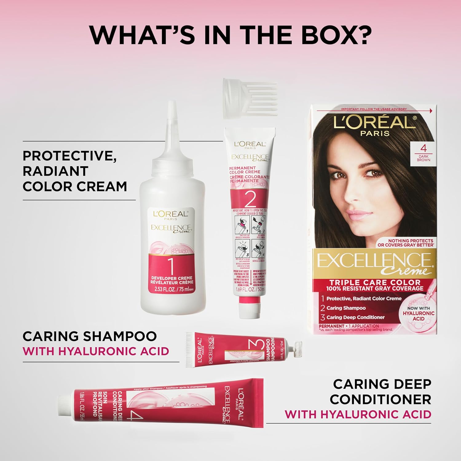 L'Oreal Paris Excellence Crème Tinte Permanente para el Cabello, Color de Cabello de Triple Cuidado con Complejo Pro-Keratine para Cobertura 100% de Canas, 4 Marrón Oscuro, 1 Kit