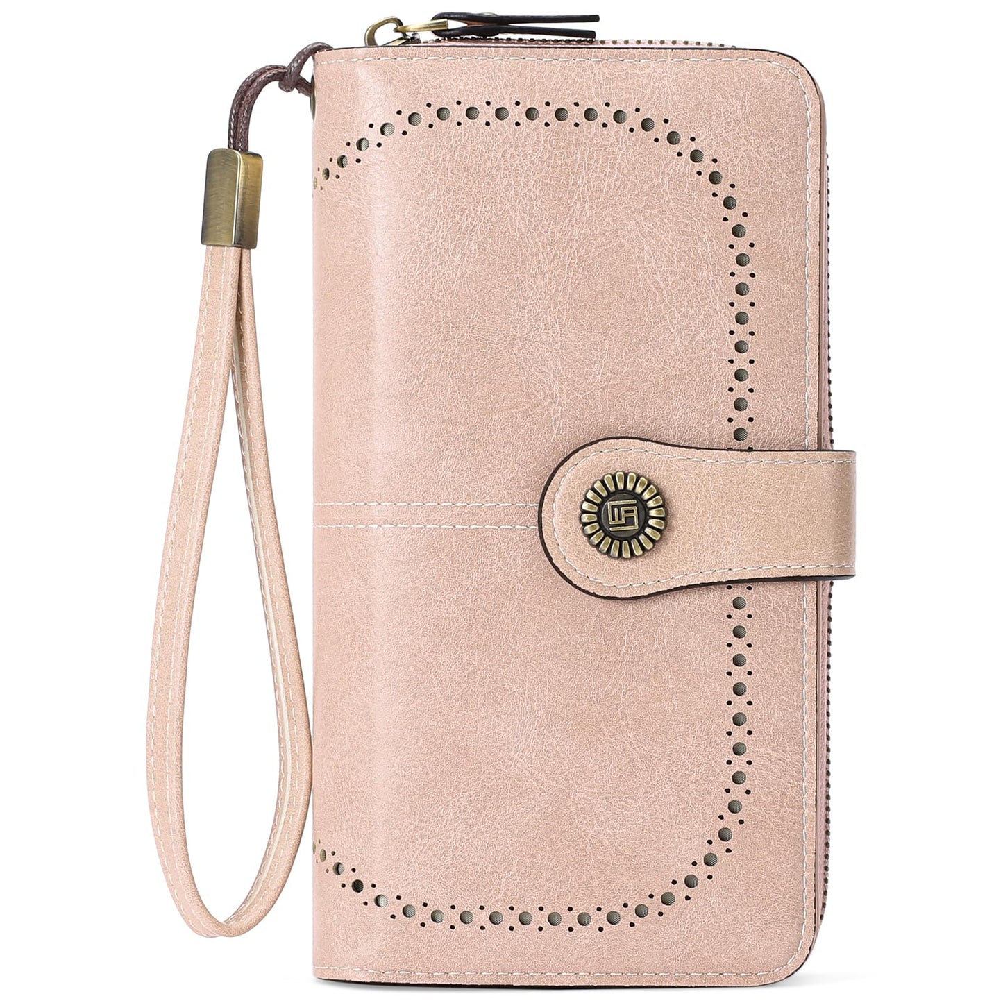 RNIEGA Cartera para mujer con doble cremallera alrededor del titular de la tarjeta de crédito, cartera de cuero para mujer, gran capacidad