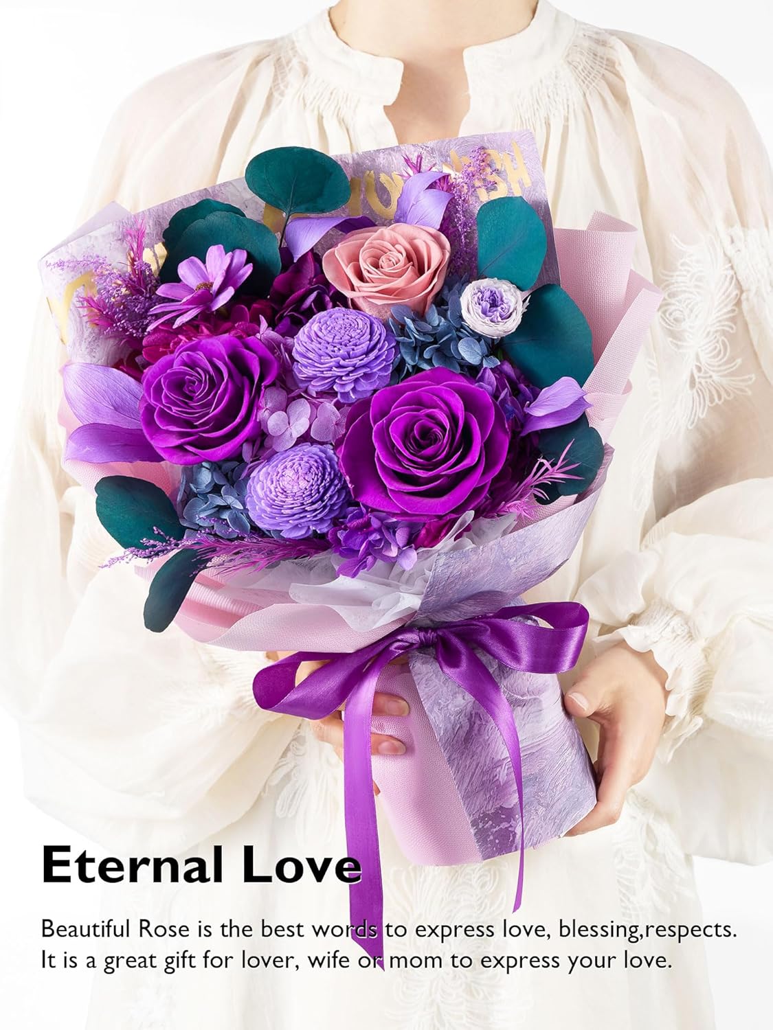 Eterfield Flores para entrega, ramo de flores para el día de la madre, rosas preservadas y flores moradas, regalos de cumpleaños para ella, esposa, mamá, abuela, aniversario, día de San Valentín, Navidad