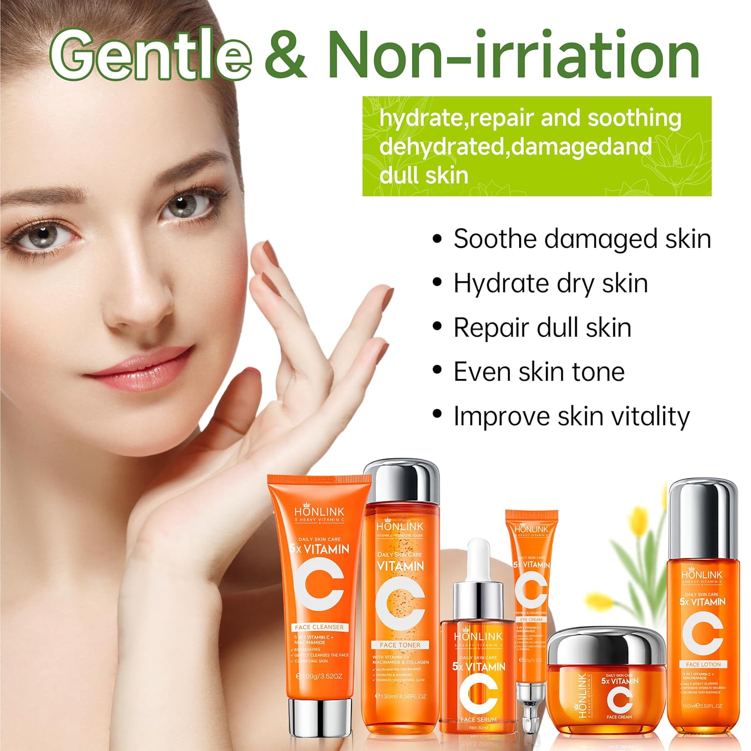 Glown - Juego de 6 piezas para el cuidado de la piel hidratante con 5X vitamina C y niacinamida colágeno, kit de cuidado facial HONLINK incluye tóner, suero facial, limpiador, humectante, crema para