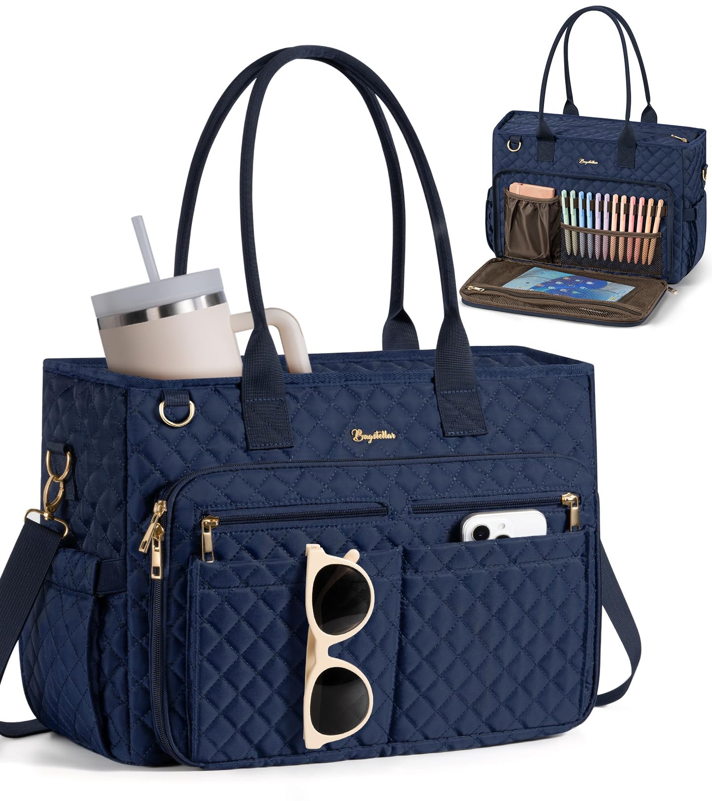 Bagstellar Teacher Bags for Women, 15.6 inch Laptop Work Tote Bag Quilted Nurse Bible Computer Shoulder Bag for School Travel | Dream Tote Work Bag, with 40oz Cup Holder, Insulated Pocket, Zipper & Strap, Office Briefcase, Ideal Gift for Women
