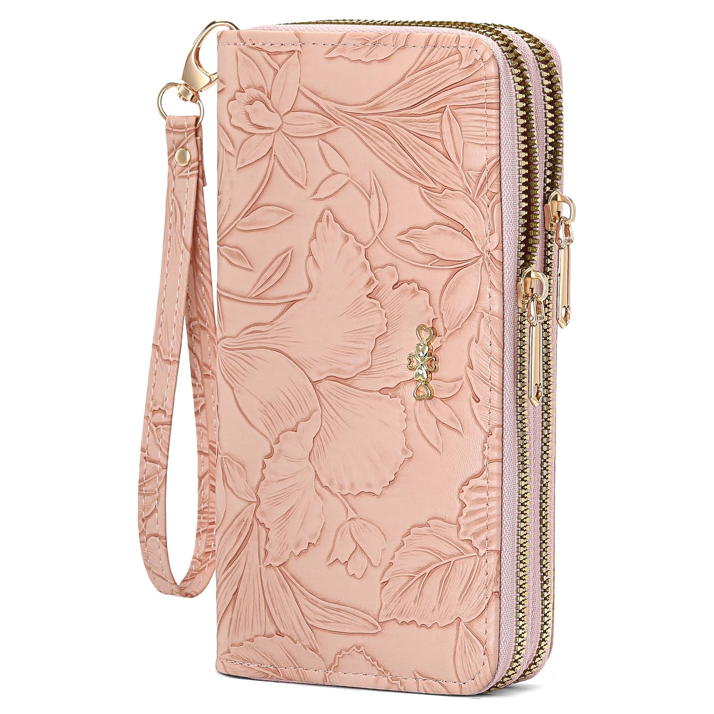 RNIEGA Cartera para mujer con doble cremallera alrededor del titular de la tarjeta de crédito, cartera de cuero para mujer, gran capacidad