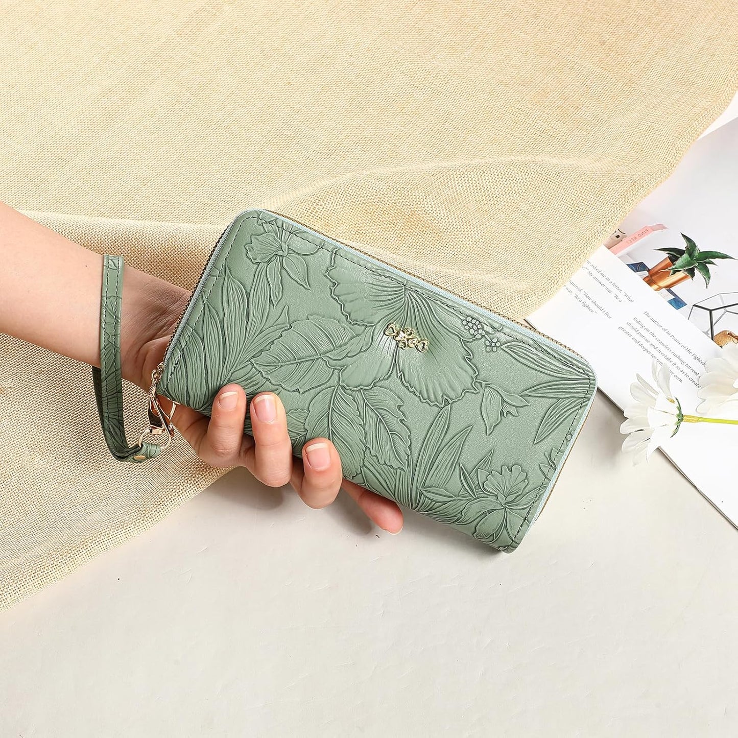 RNIEGA Cartera para mujer con doble cremallera alrededor del titular de la tarjeta de crédito, cartera de cuero para mujer, gran capacidad