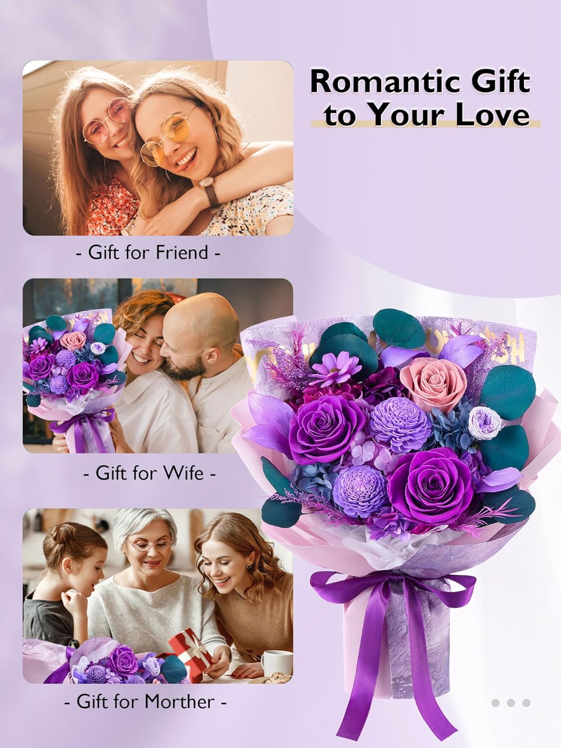 Eterfield Flores para entrega, ramo de flores para el día de la madre, rosas preservadas y flores moradas, regalos de cumpleaños para ella, esposa, mamá, abuela, aniversario, día de San Valentín, Navidad