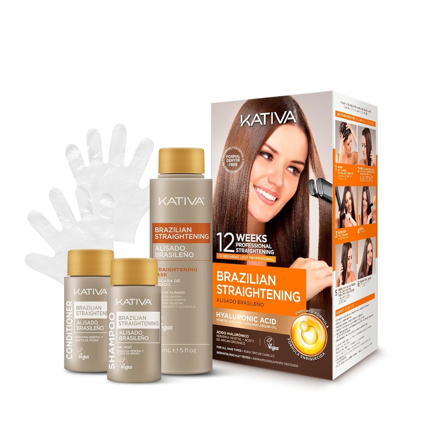 KATIVA Kit de tratamiento de queratina brasileña – Alisado de cabello sin formaldehído en casa con ácido hialurónico – Hasta 12 semanas de control del encrespamiento para cabello rizado, ondulado