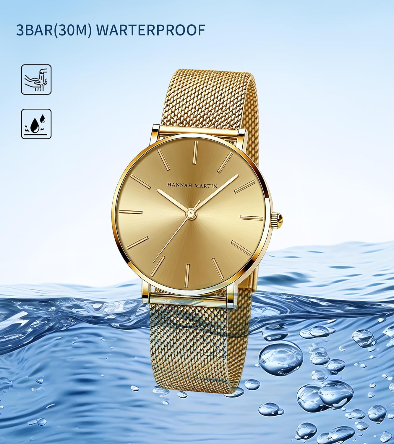 HANNAH MARTIN Watches for Women Analog Women's Watch with Stainless Steel Expansion Band Minimalist Slim Dial 30M Waterproof Ladies Dress Wristwatch for Casual Daily Business
