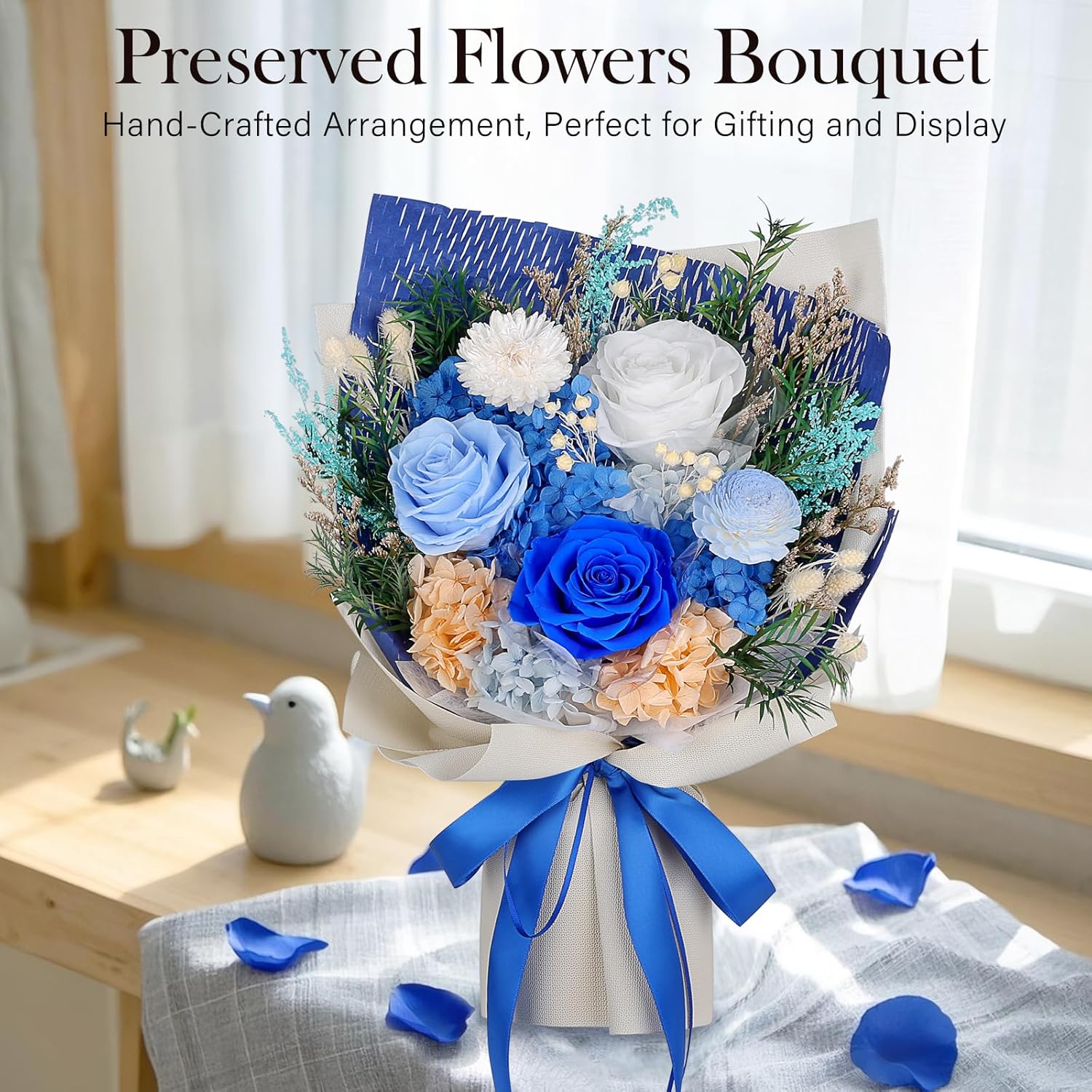 Preserved Flowers Bouquet - Forever Flowers for Delivery, Real Eternal Roses Bouquet, Mothers Day Gifts for Mom Grandma Wife, Anniversary Birthday Gifts for Women, Blue