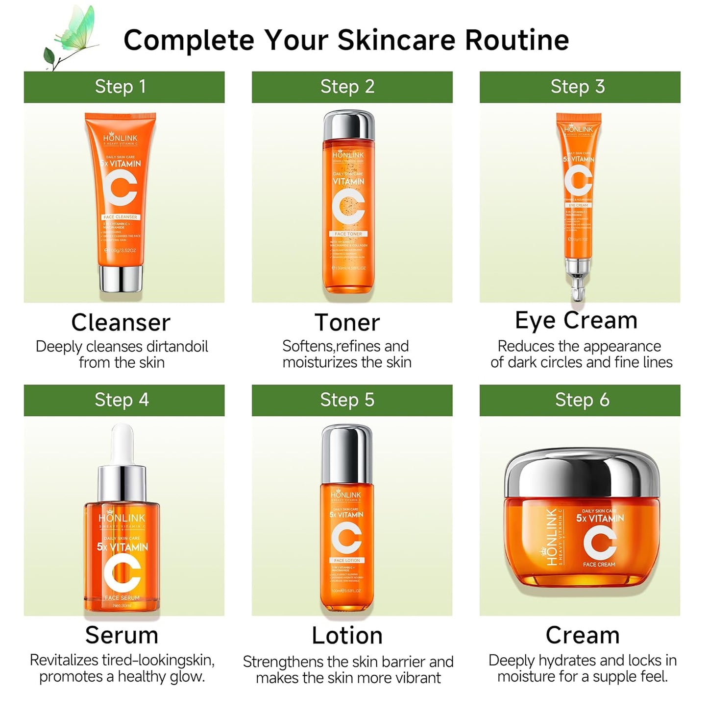 Glown - Juego de 6 piezas para el cuidado de la piel hidratante con 5X vitamina C y niacinamida colágeno, kit de cuidado facial HONLINK incluye tóner, suero facial, limpiador, humectante, crema para