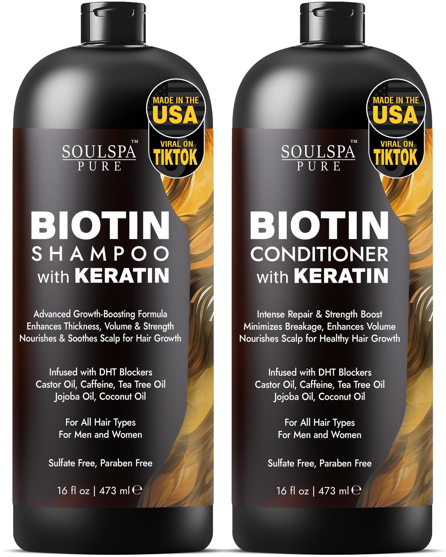SOULSPA PURE Biotin Rice Water Shampoo and Conditioner Set - Thickening Formula with Rice Protein & Keratin - Strengthening Hair Care for Thinning Hair - Made in USA - 16 fl oz Each