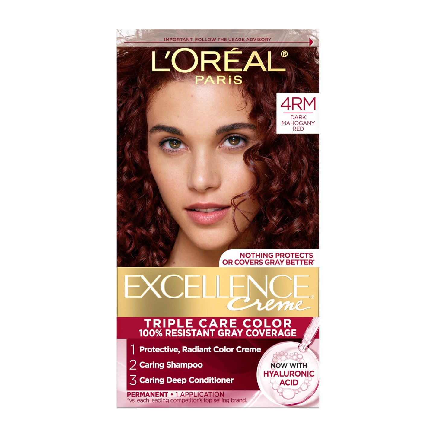 L'Oreal Paris Excellence Crème Tinte Permanente para el Cabello, Color de Cabello de Triple Cuidado con Complejo Pro-Keratine para Cobertura 100% de Canas, 4 Marrón Oscuro, 1 Kit