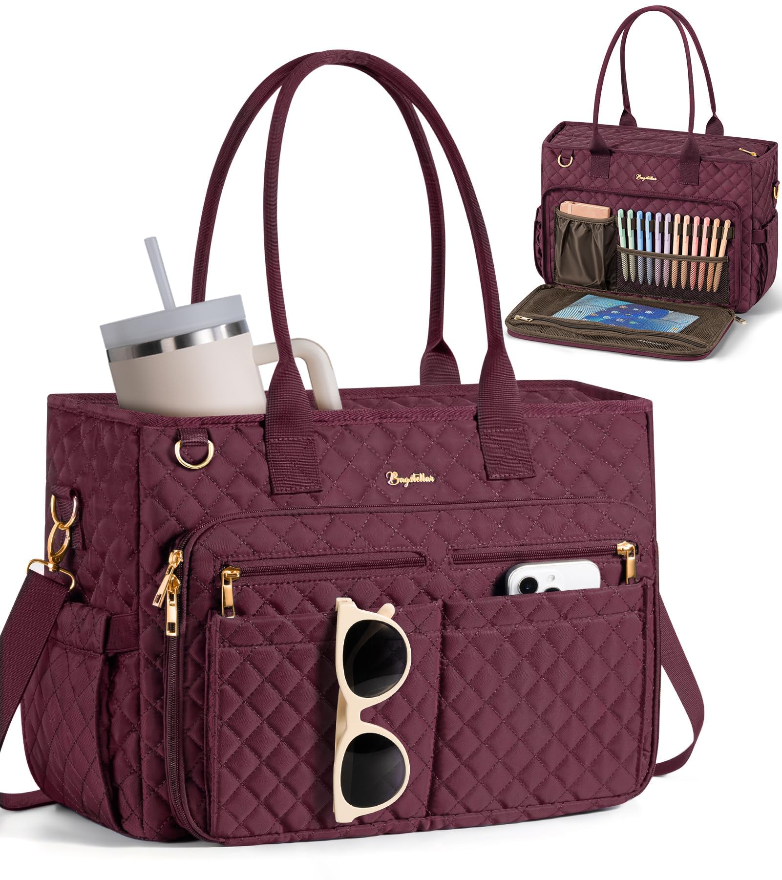 Bagstellar Teacher Bags for Women, 15.6 inch Laptop Work Tote Bag Quilted Nurse Bible Computer Shoulder Bag for School Travel | Dream Tote Work Bag, with 40oz Cup Holder, Insulated Pocket, Zipper & Strap, Office Briefcase, Ideal Gift for Women