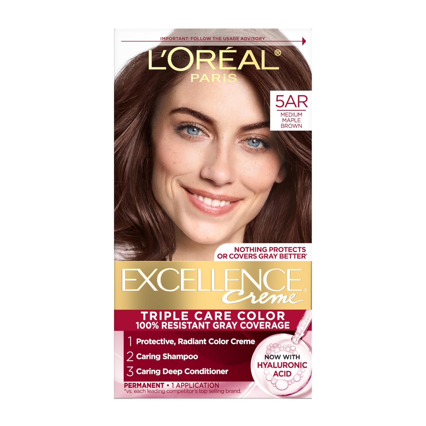 L'Oreal Paris Excellence Crème Tinte Permanente para el Cabello, Color de Cabello de Triple Cuidado con Complejo Pro-Keratine para Cobertura 100% de Canas, 4 Marrón Oscuro, 1 Kit