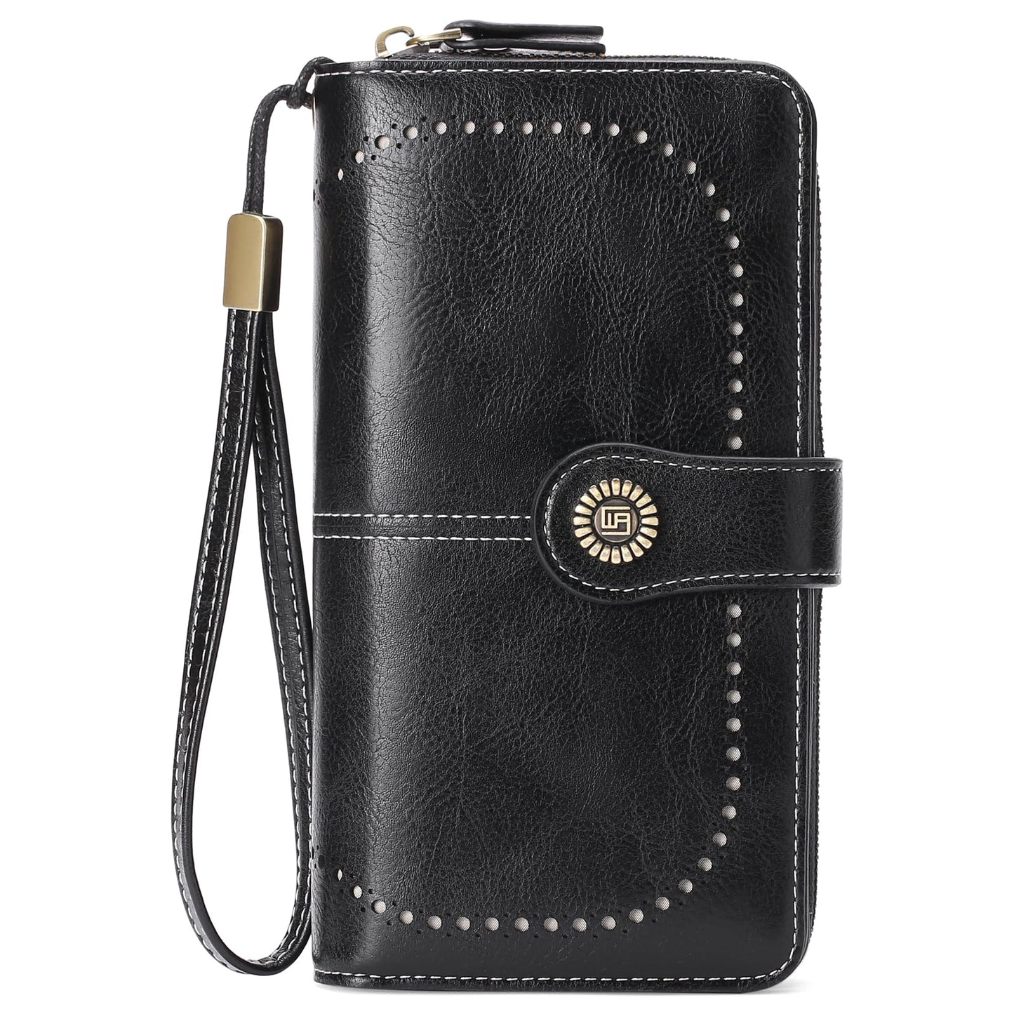 RNIEGA Cartera para mujer con doble cremallera alrededor del titular de la tarjeta de crédito, cartera de cuero para mujer, gran capacidad