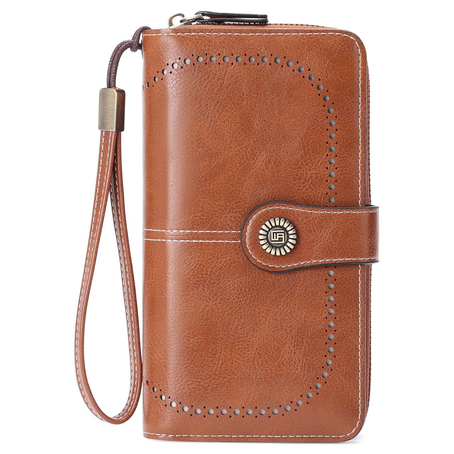 RNIEGA Cartera para mujer con doble cremallera alrededor del titular de la tarjeta de crédito, cartera de cuero para mujer, gran capacidad