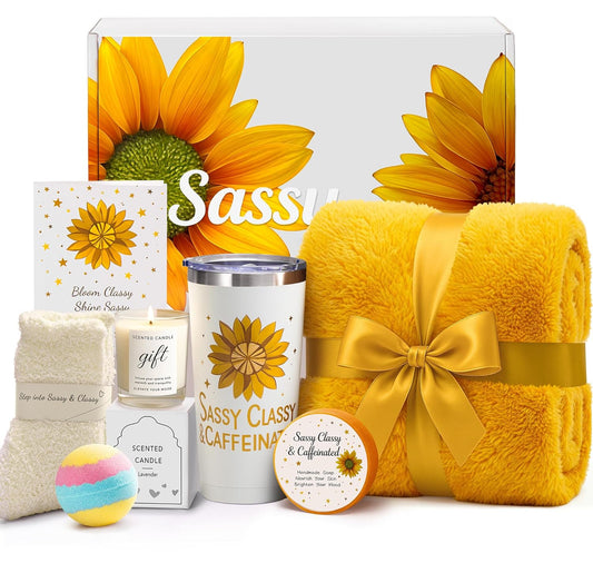 Mothers Day Gifts for Mom, Sunflower Gift Set for Women Wife Friends - Birthday, Christmas, Valentine's Day Gifts | Thoughtful Care Package - Cozy Blanket, Spa & Relaxation - Get Well Soon Baskets Set