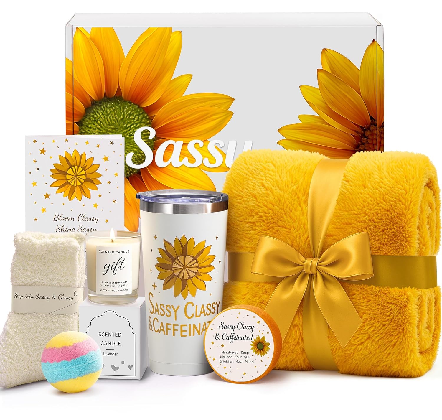 Mothers Day Gifts for Mom, Sunflower Gift Set for Women Wife Friends - Birthday, Christmas, Valentine's Day Gifts | Thoughtful Care Package - Cozy Blanket, Spa & Relaxation - Get Well Soon Baskets Set