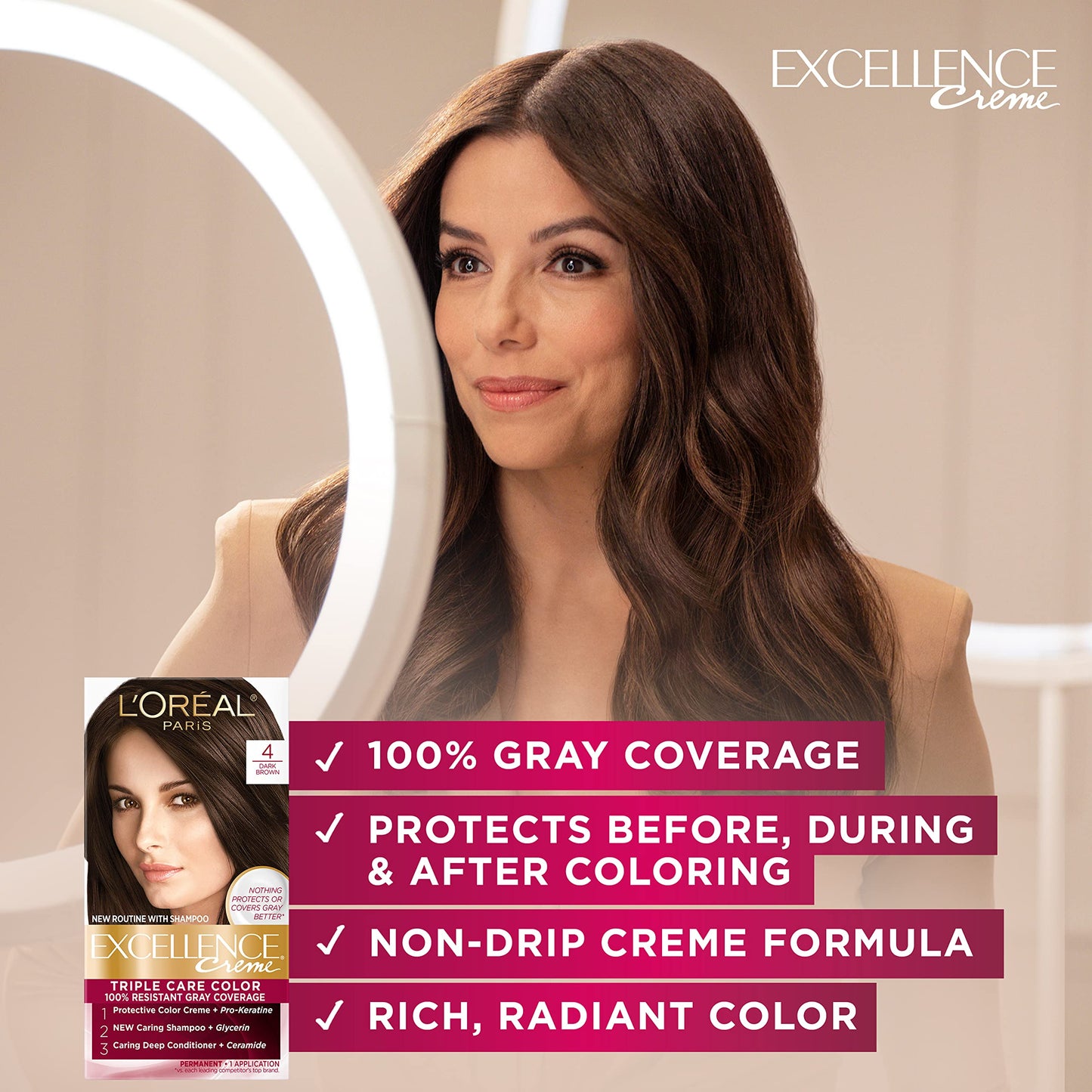 L'Oreal Paris Excellence Crème Tinte Permanente para el Cabello, Color de Cabello de Triple Cuidado con Complejo Pro-Keratine para Cobertura 100% de Canas, 4 Marrón Oscuro, 1 Kit