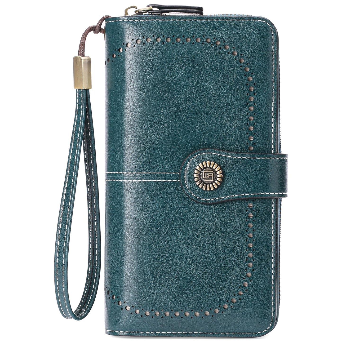 RNIEGA Cartera para mujer con doble cremallera alrededor del titular de la tarjeta de crédito, cartera de cuero para mujer, gran capacidad