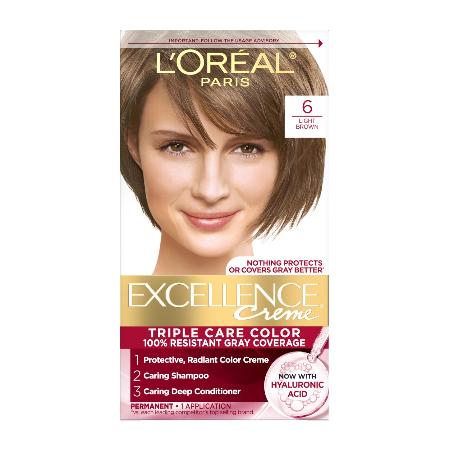 L'Oreal Paris Excellence Crème Tinte Permanente para el Cabello, Color de Cabello de Triple Cuidado con Complejo Pro-Keratine para Cobertura 100% de Canas, 4 Marrón Oscuro, 1 Kit