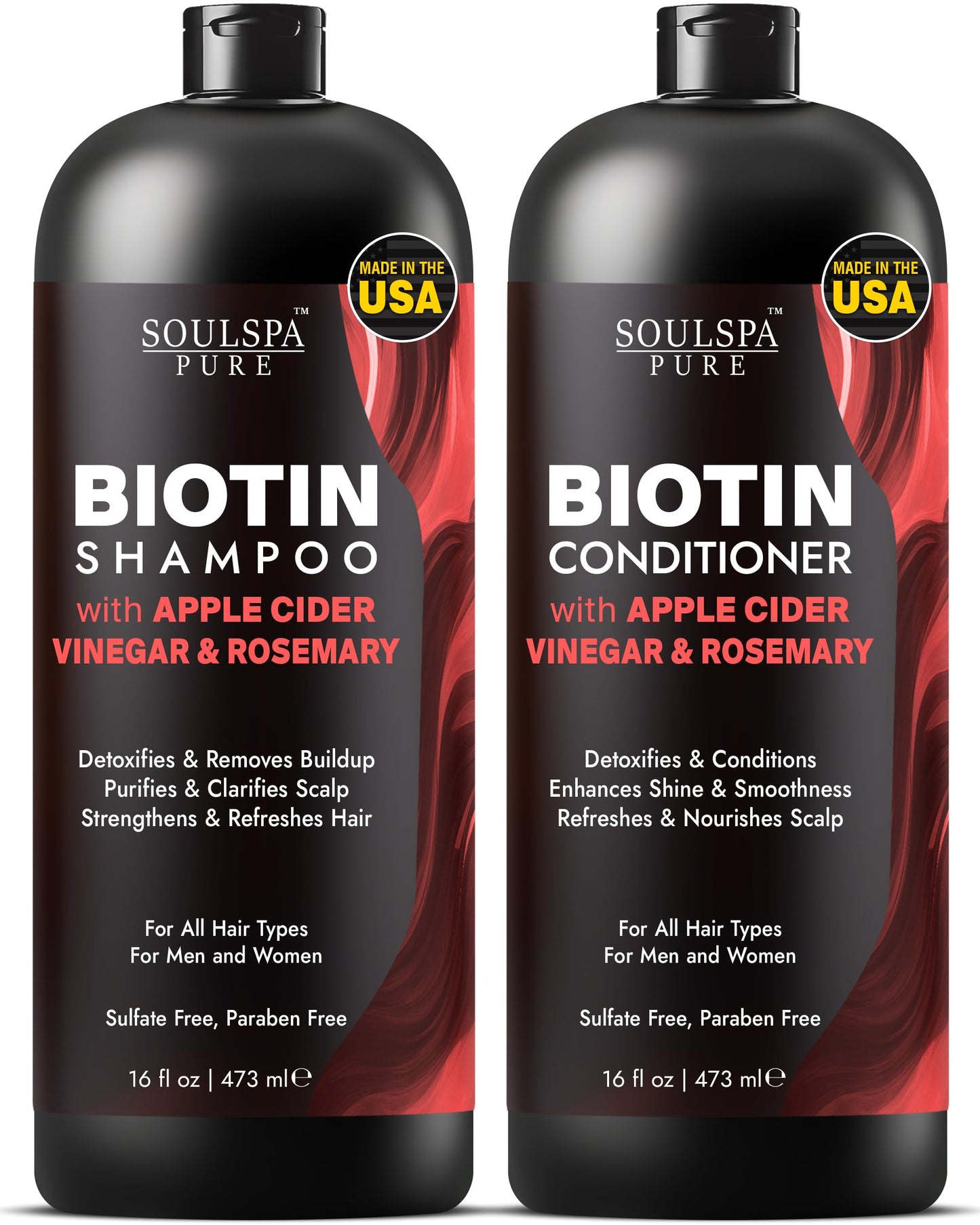 SOULSPA PURE Biotin Rice Water Shampoo and Conditioner Set - Thickening Formula with Rice Protein & Keratin - Strengthening Hair Care for Thinning Hair - Made in USA - 16 fl oz Each