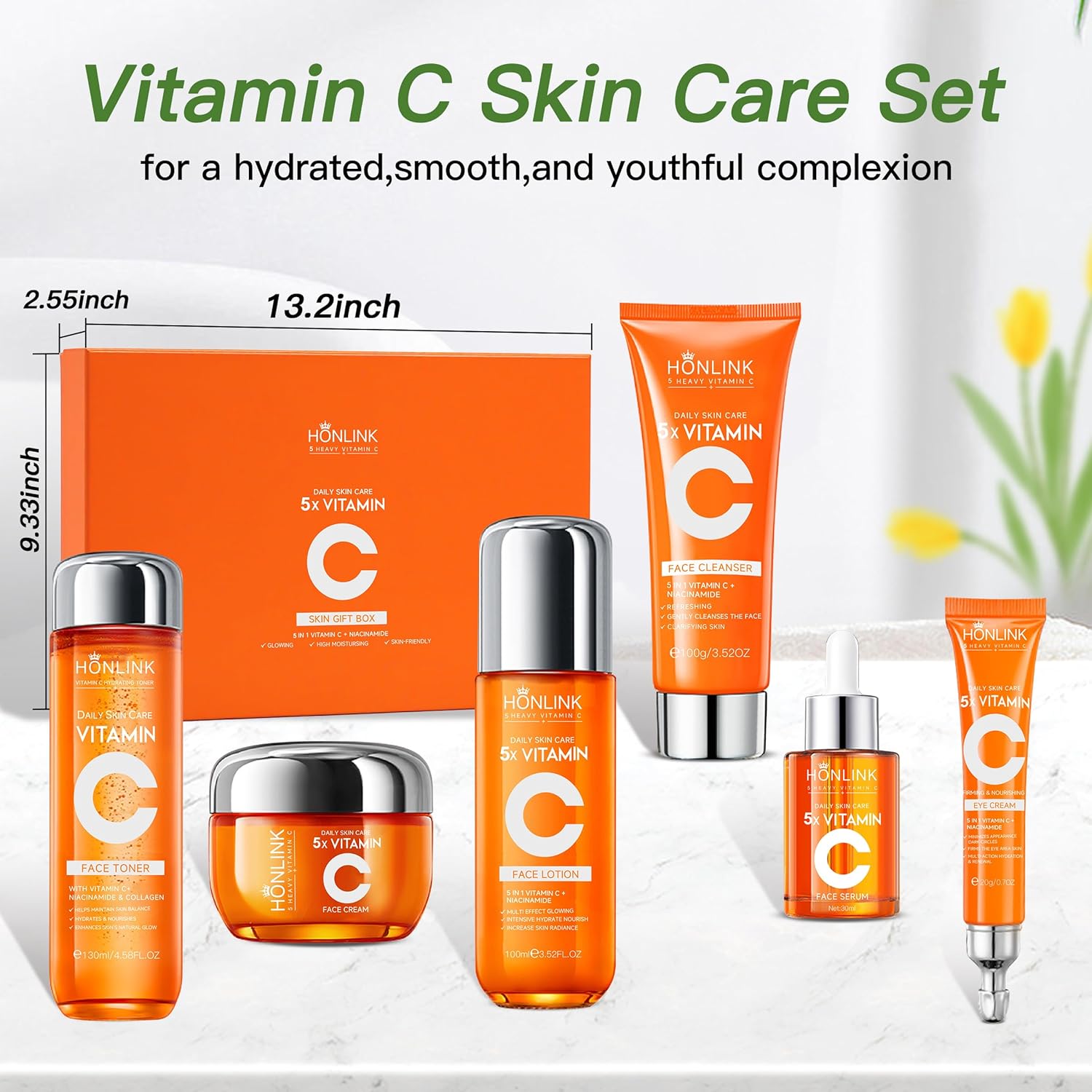 Glown - Juego de 6 piezas para el cuidado de la piel hidratante con 5X vitamina C y niacinamida colágeno, kit de cuidado facial HONLINK incluye tóner, suero facial, limpiador, humectante, crema para