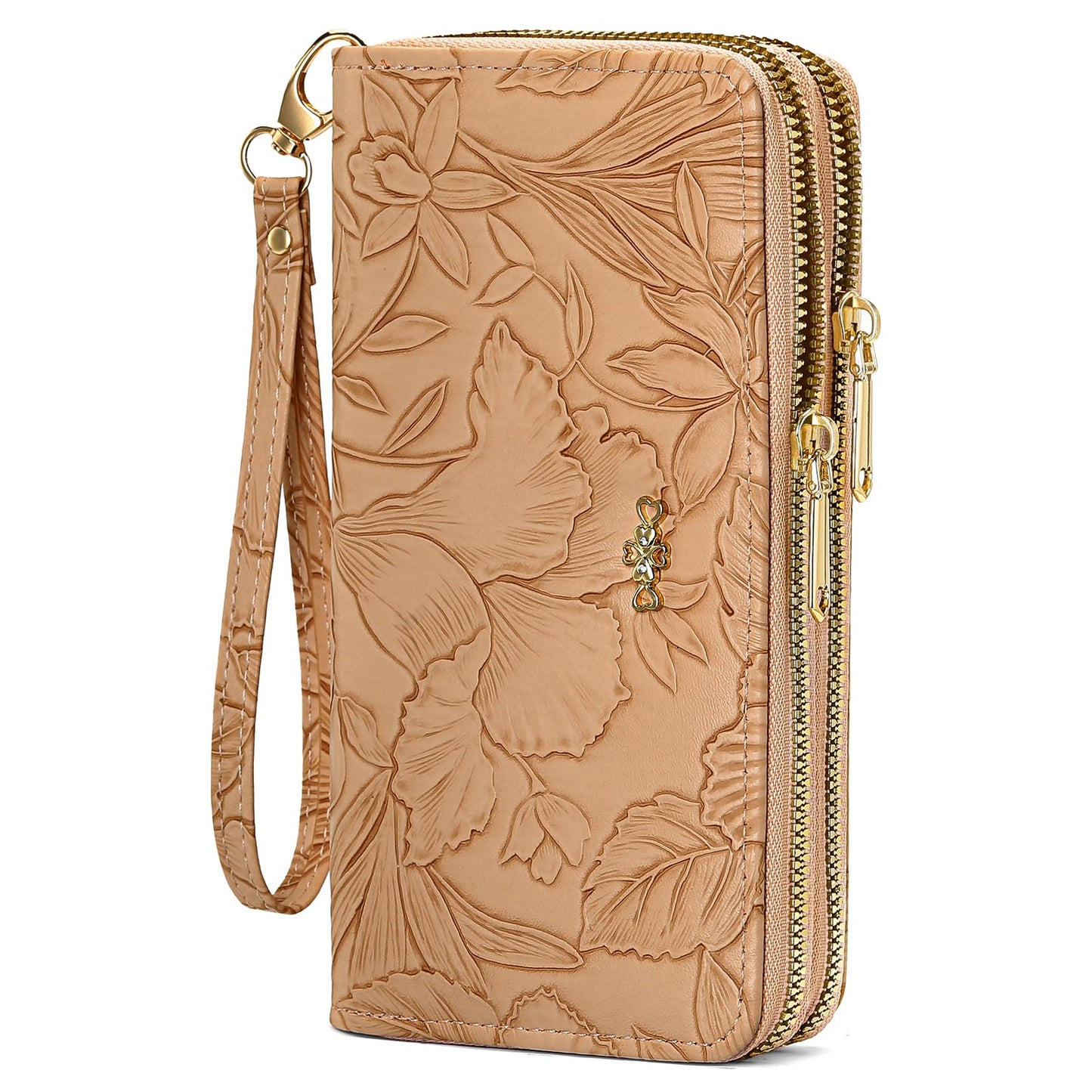 RNIEGA Cartera para mujer con doble cremallera alrededor del titular de la tarjeta de crédito, cartera de cuero para mujer, gran capacidad