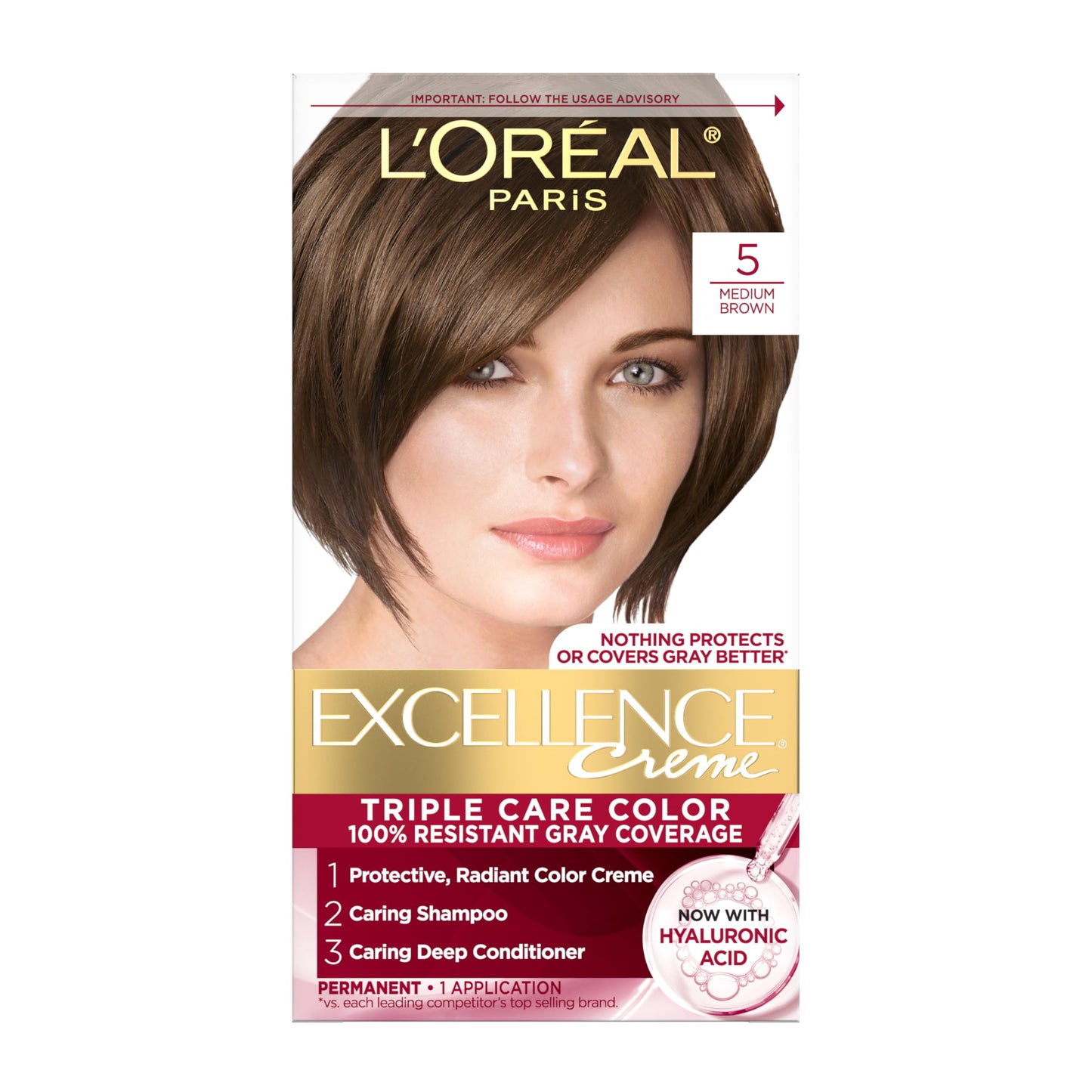 L'Oreal Paris Excellence Crème Tinte Permanente para el Cabello, Color de Cabello de Triple Cuidado con Complejo Pro-Keratine para Cobertura 100% de Canas, 4 Marrón Oscuro, 1 Kit