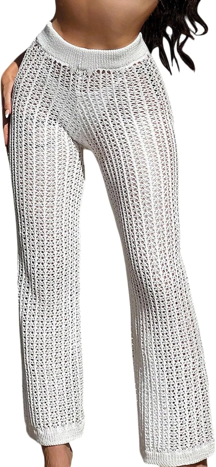SISKIN Pantalones palazzo de ganchillo de pierna ancha, pantalones de playa fluidos de cintura alta, ropa de vacaciones para mujer
