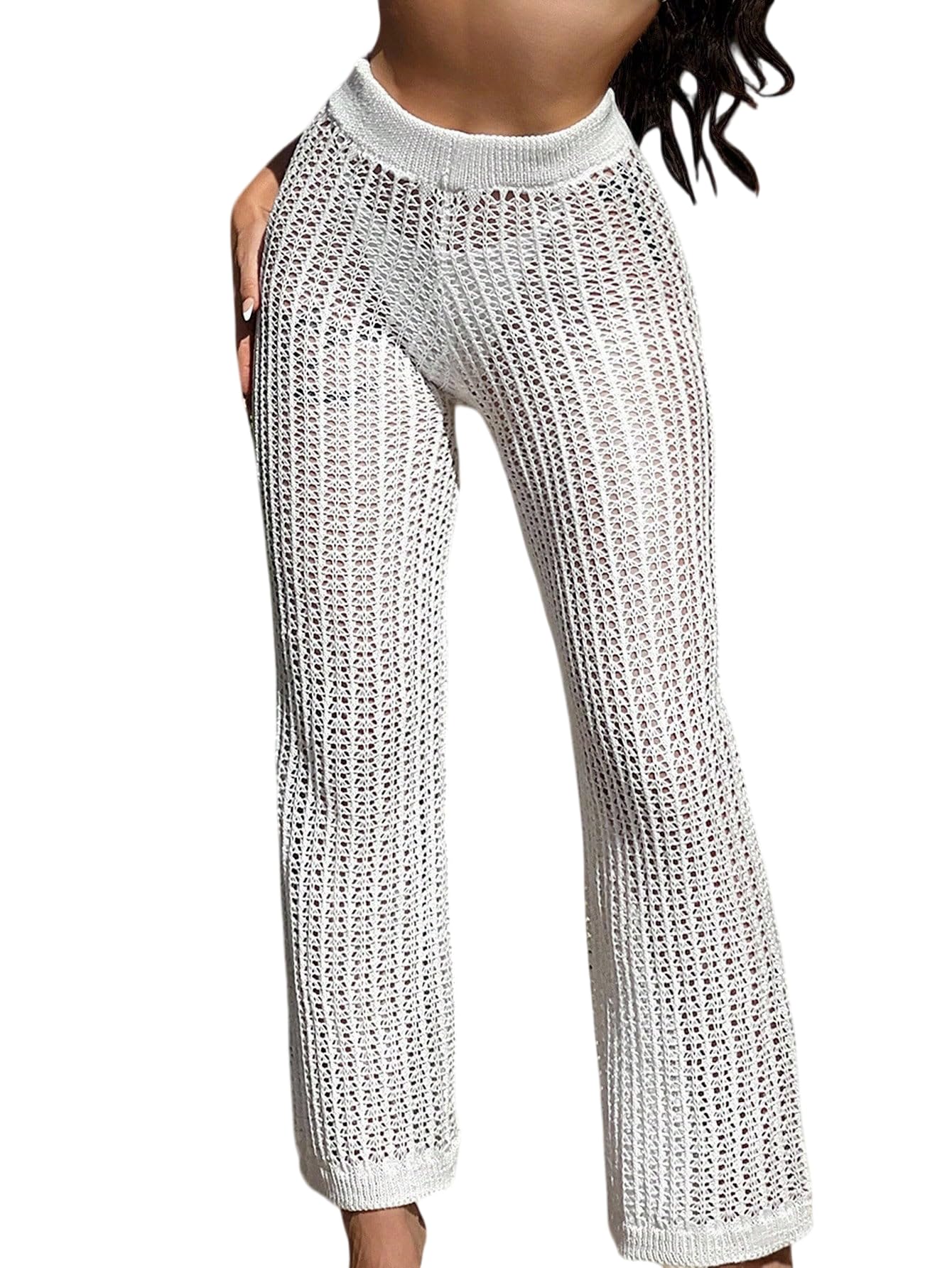 SISKIN Pantalones palazzo de ganchillo de pierna ancha, pantalones de playa fluidos de cintura alta, ropa de vacaciones para mujer