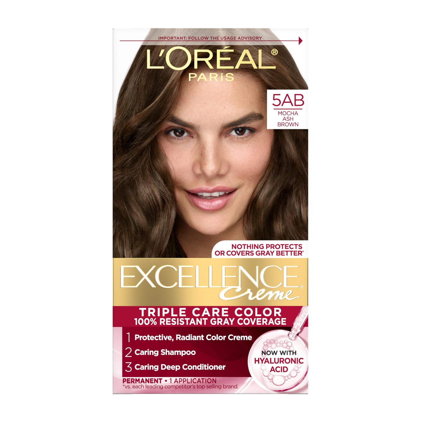 L'Oreal Paris Excellence Crème Tinte Permanente para el Cabello, Color de Cabello de Triple Cuidado con Complejo Pro-Keratine para Cobertura 100% de Canas, 4 Marrón Oscuro, 1 Kit