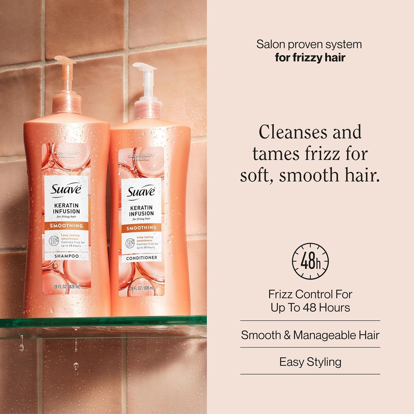 Suave Champú alisador de infusión de queratina para cabello encrespado, antihumedad + control de encrespamiento 48 horas, suaviza y desenreda para un fácil peinado, bomba de 28 onzas líquidas, 4 unidades