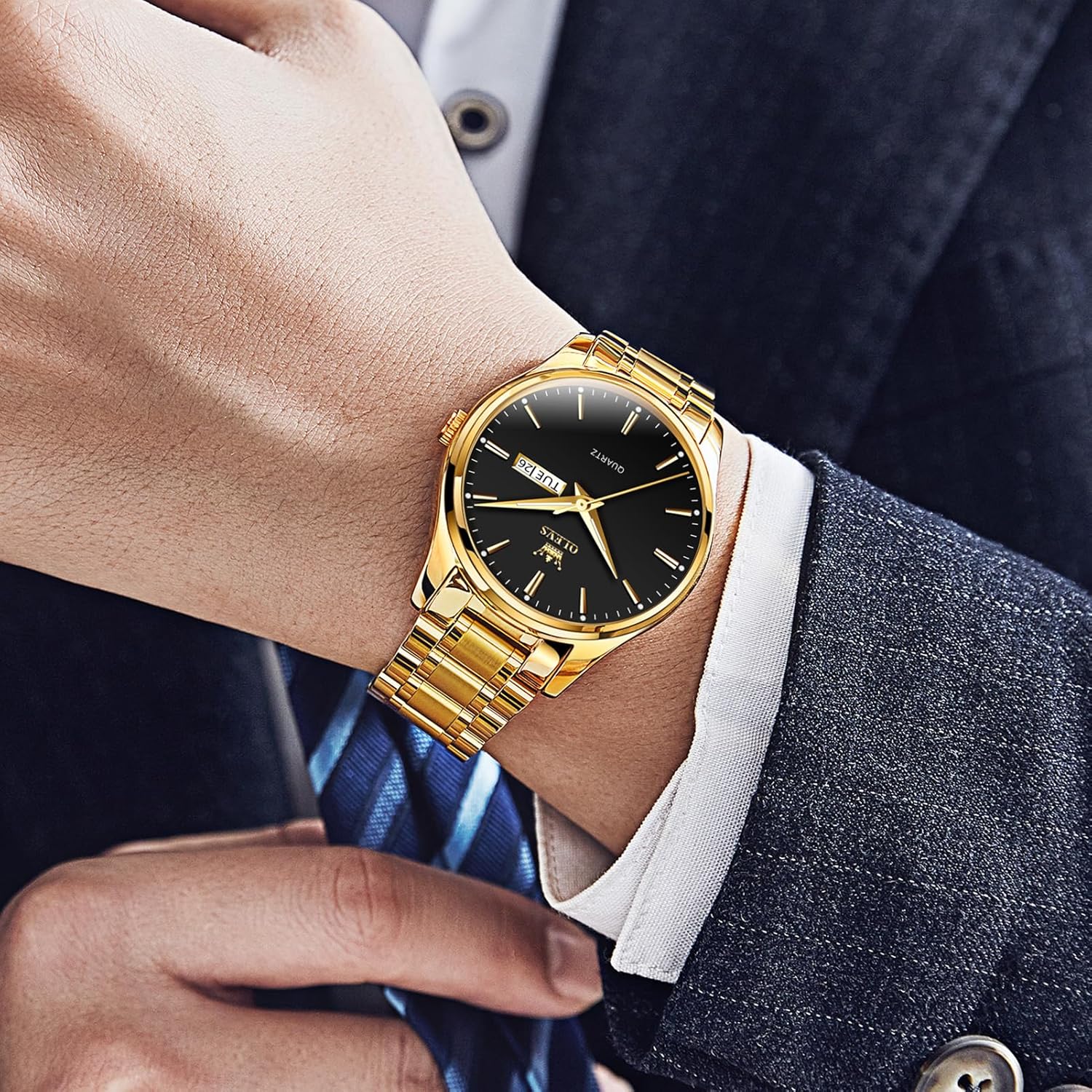 OLEVS Men's Luxury Stainless Steel Watch, Big Face Gold Silver Two Tone Three Hand Analog Quartz Watch, Easy to Read Waterproof Luminous Day Date Wrist Watches for Men