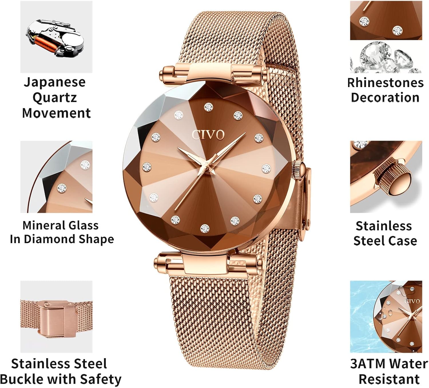 CIVO Womens Watch Ultra-Thin Stainless Steel Mesh Strap Analog Quartz Wrist Watch Waterproof Fashion Casual Elegant Ladies Watches with Diamond Timescale