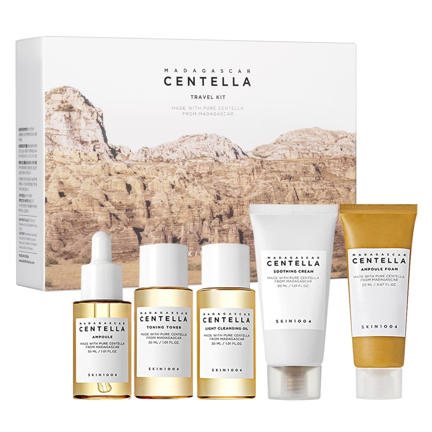 SKIN1004 Centella - Kit de viaje, juego coreano para el cuidado de la piel con tóner, hidratante, suero, aceite limpiador y limpiador, juego de tamaño de viaje con centella de Madagascar, piel sensible, perfecto para viajes, belleza y regalos