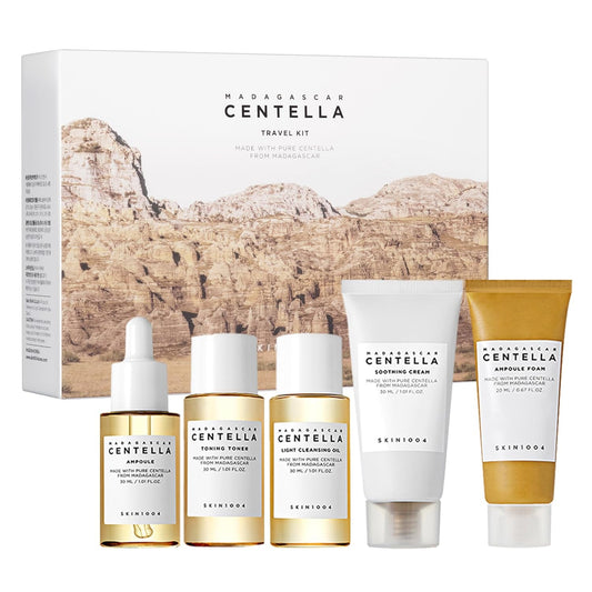 SKIN1004 Centella - Kit de viaje, juego coreano para el cuidado de la piel con tóner, hidratante, suero, aceite limpiador y limpiador, juego de tamaño de viaje con centella de Madagascar, piel sensible, perfecto para viajes, belleza y regalos