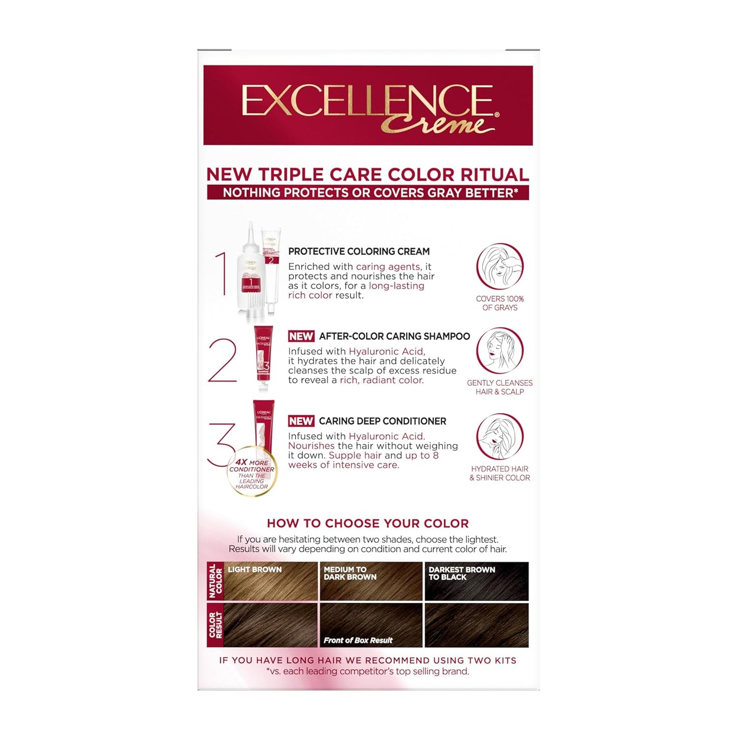 L'Oreal Paris Excellence Crème Tinte Permanente para el Cabello, Color de Cabello de Triple Cuidado con Complejo Pro-Keratine para Cobertura 100% de Canas, 4 Marrón Oscuro, 1 Kit