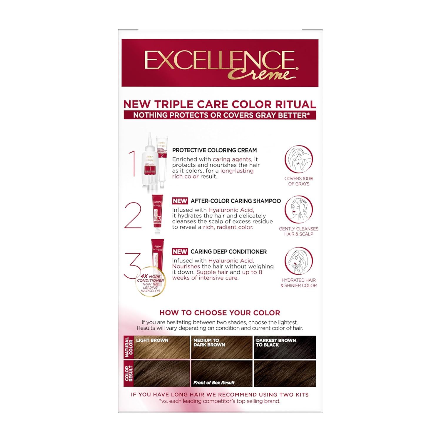 L'Oreal Paris Excellence Crème Tinte Permanente para el Cabello, Color de Cabello de Triple Cuidado con Complejo Pro-Keratine para Cobertura 100% de Canas, 4 Marrón Oscuro, 1 Kit