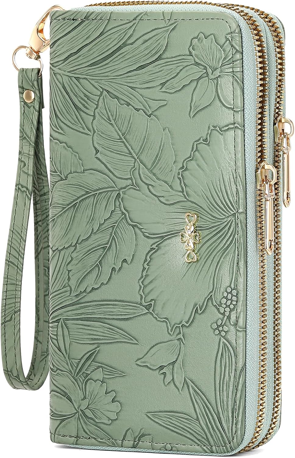 RNIEGA Cartera para mujer con doble cremallera alrededor del titular de la tarjeta de crédito, cartera de cuero para mujer, gran capacidad