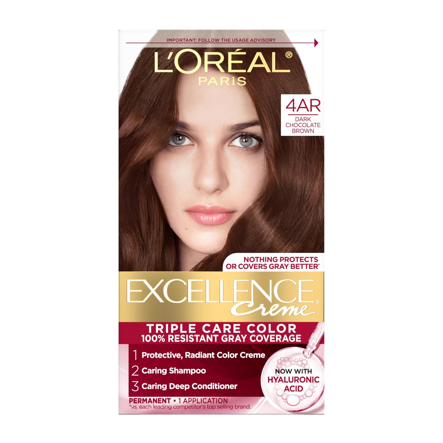 L'Oreal Paris Excellence Crème Tinte Permanente para el Cabello, Color de Cabello de Triple Cuidado con Complejo Pro-Keratine para Cobertura 100% de Canas, 4 Marrón Oscuro, 1 Kit