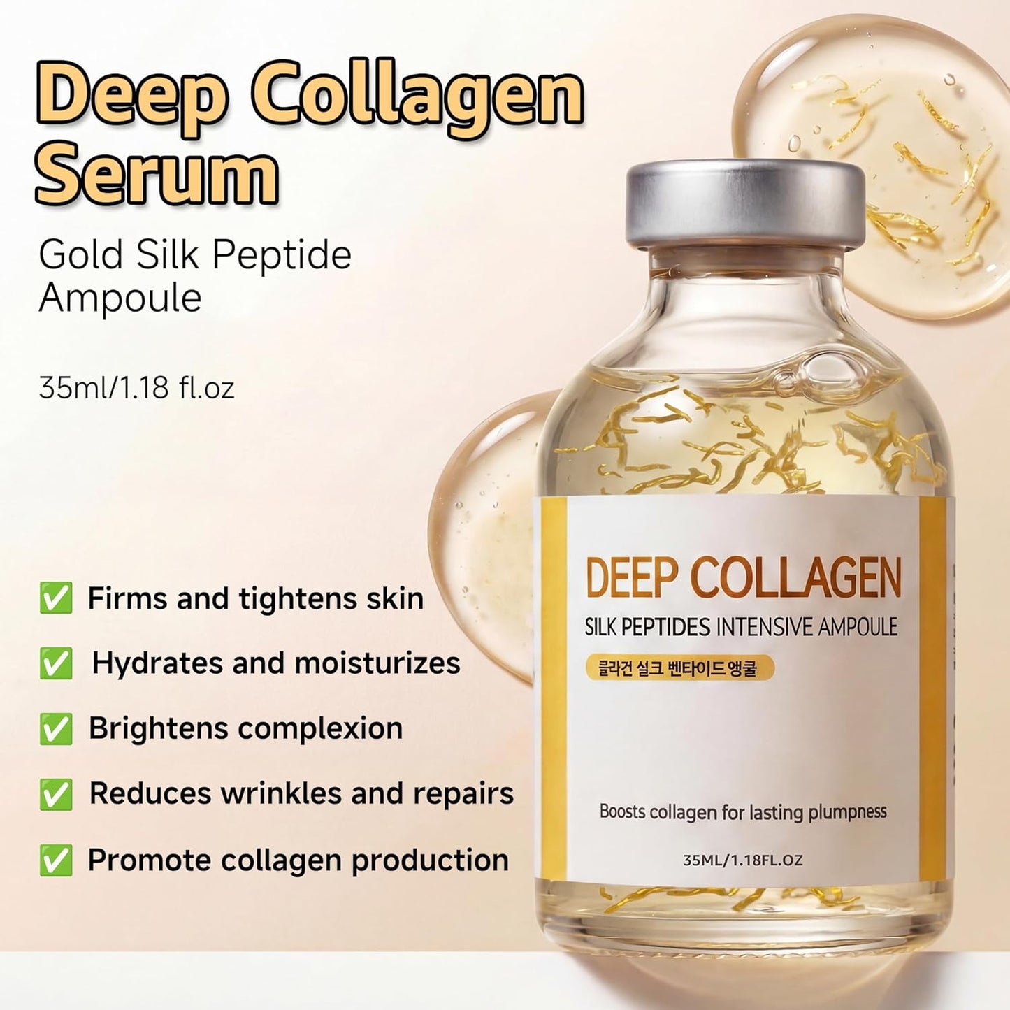 Ampolla de péptido de seda de suero de colágeno profundo, suero coreano antienvejecimiento para cara con colágeno y péptido, hidrata la elasticidad (1.18 onzas líquidas)